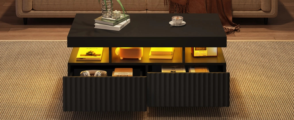 Tavolino da salotto nero 100x50x45 cm con due cassetti e LED