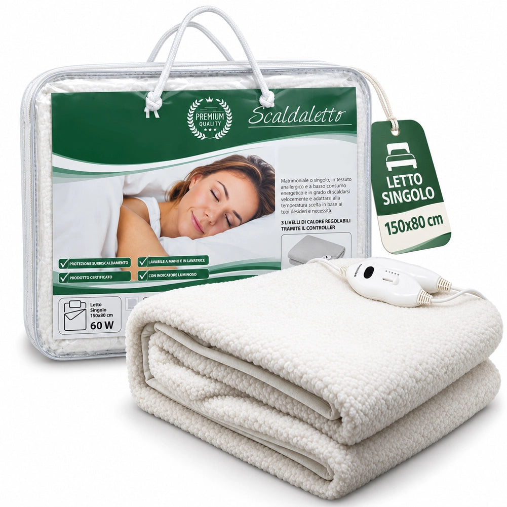 Scaldaletto Singolo Elettrico Lana Sintetica Bianca 150x80cm con Telecomando