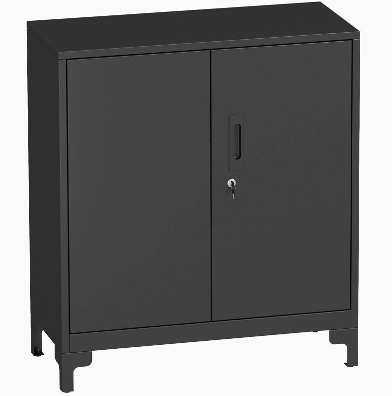 Büroschrank aus Metall, verschließbare Türen, Bürokommode, 2-stufiges Design, Schwarz