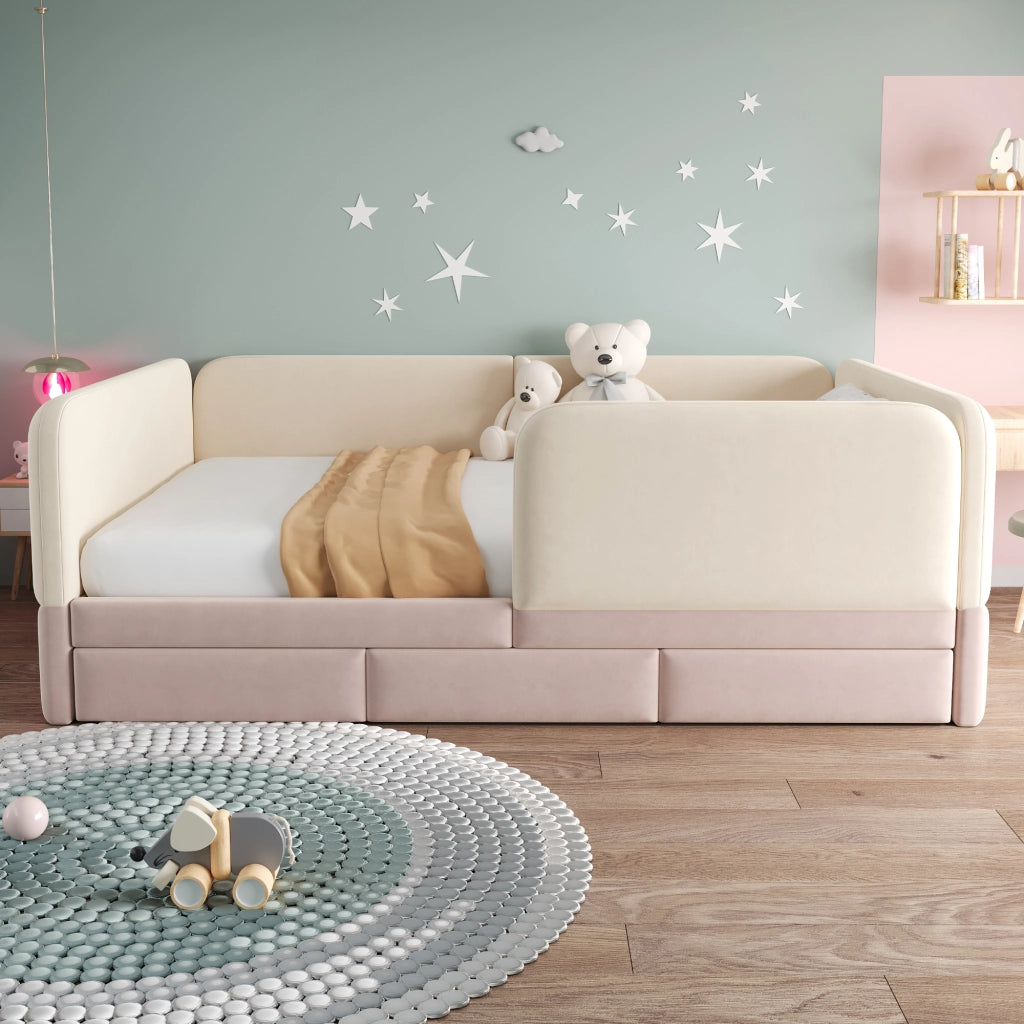 Letto con cassetti 140 × 200 cm imbottito in velluto beige e rosa con bordi arrotondati e 12 doghe