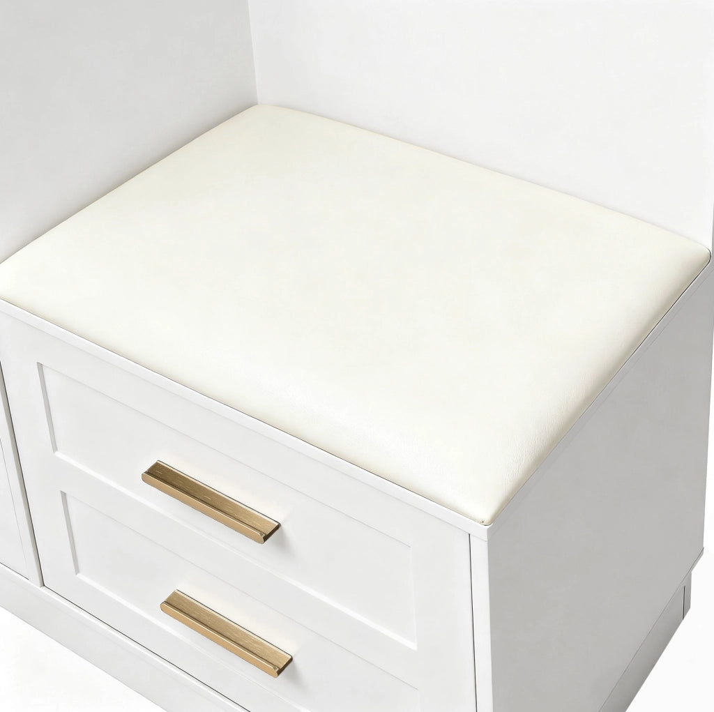 Guardaroba compatto bianco con appendiabiti, scarpiera, specchio e panca, 110x33x185,5 cm
