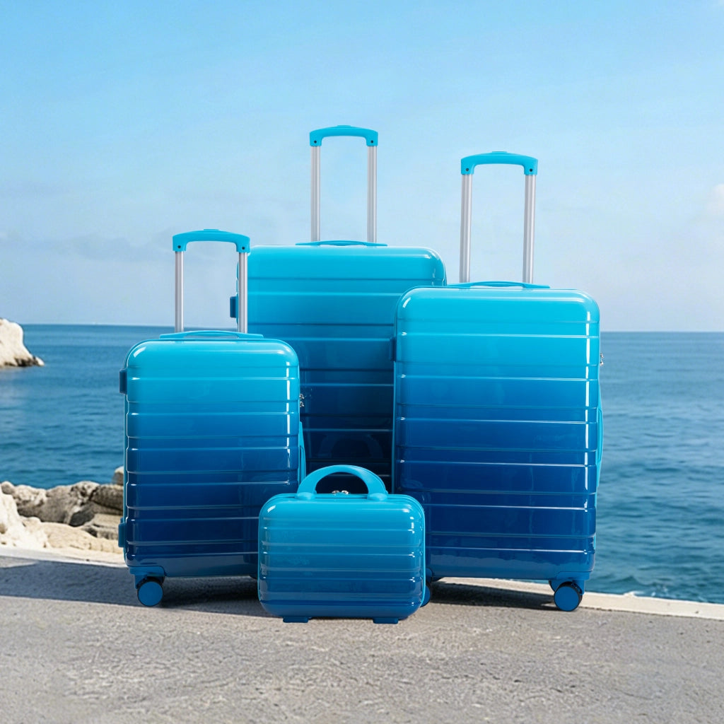 Set di valigie 4 pezzi in PC blu con trolley 20 24 28 pollici e beauty case rimovibile da 14 pollici