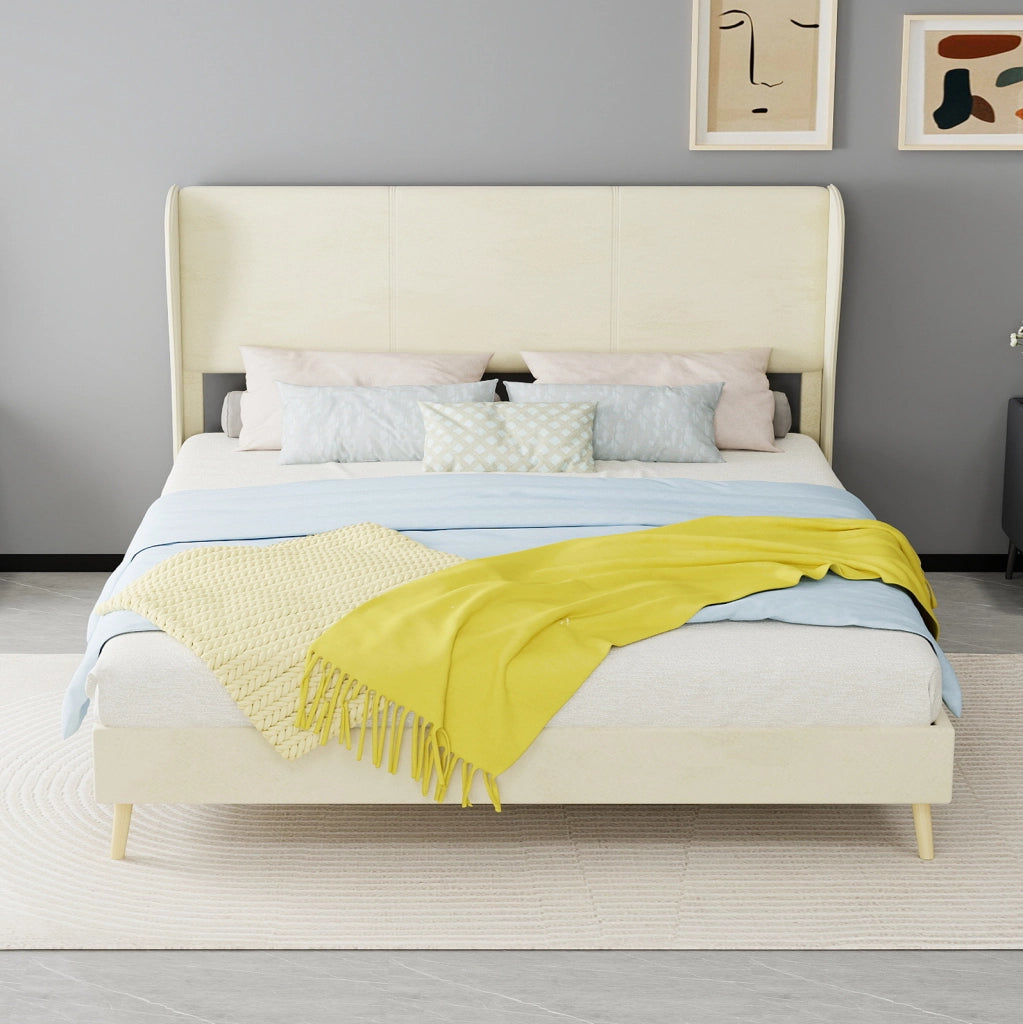 Letto imbottito moderno 160x200 cm con testiera beige e base bassa senza contenitore
