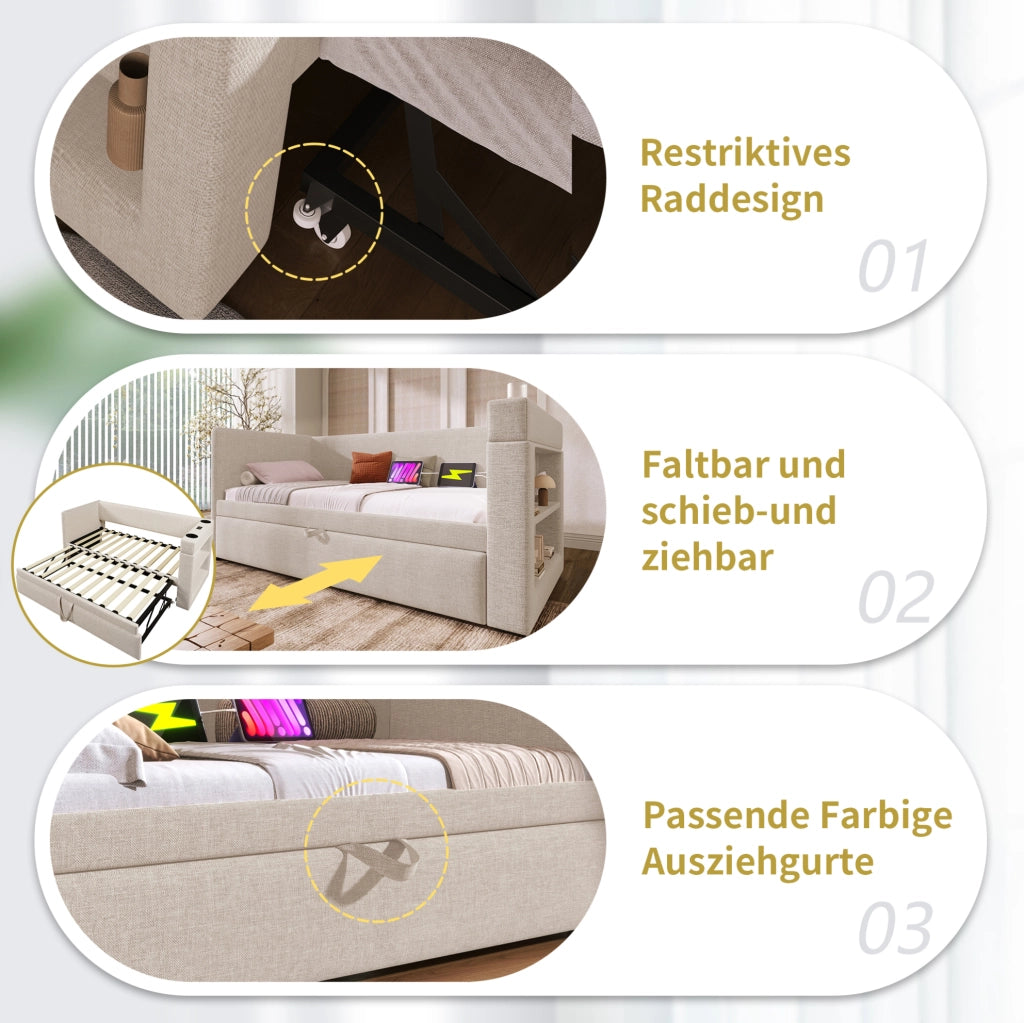 LETTO Divano letto estraibile 90x200 cm Beige con USB e USB-C