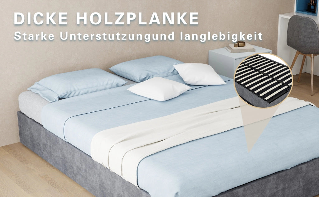 Letto contenitore imbottito con pistoni pneumatici, velluto olandese, grigio, 140x200 cm, senza materasso