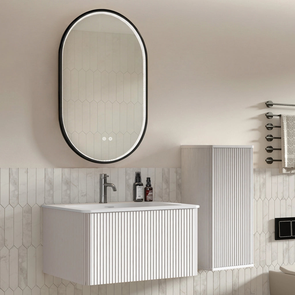 Mobile da bagno con lavabo, mobile laterale e specchio LED - per bagno - bianco