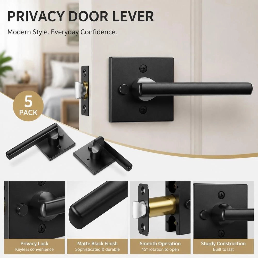 Privacy Door Handle, Matte Black Door Lever, 5 Pieces, Left- Or Right-handed, Reversible Lever With Lock, 45° Rotation For Opening, Square Door Fitting For Bedroom And Bathroom