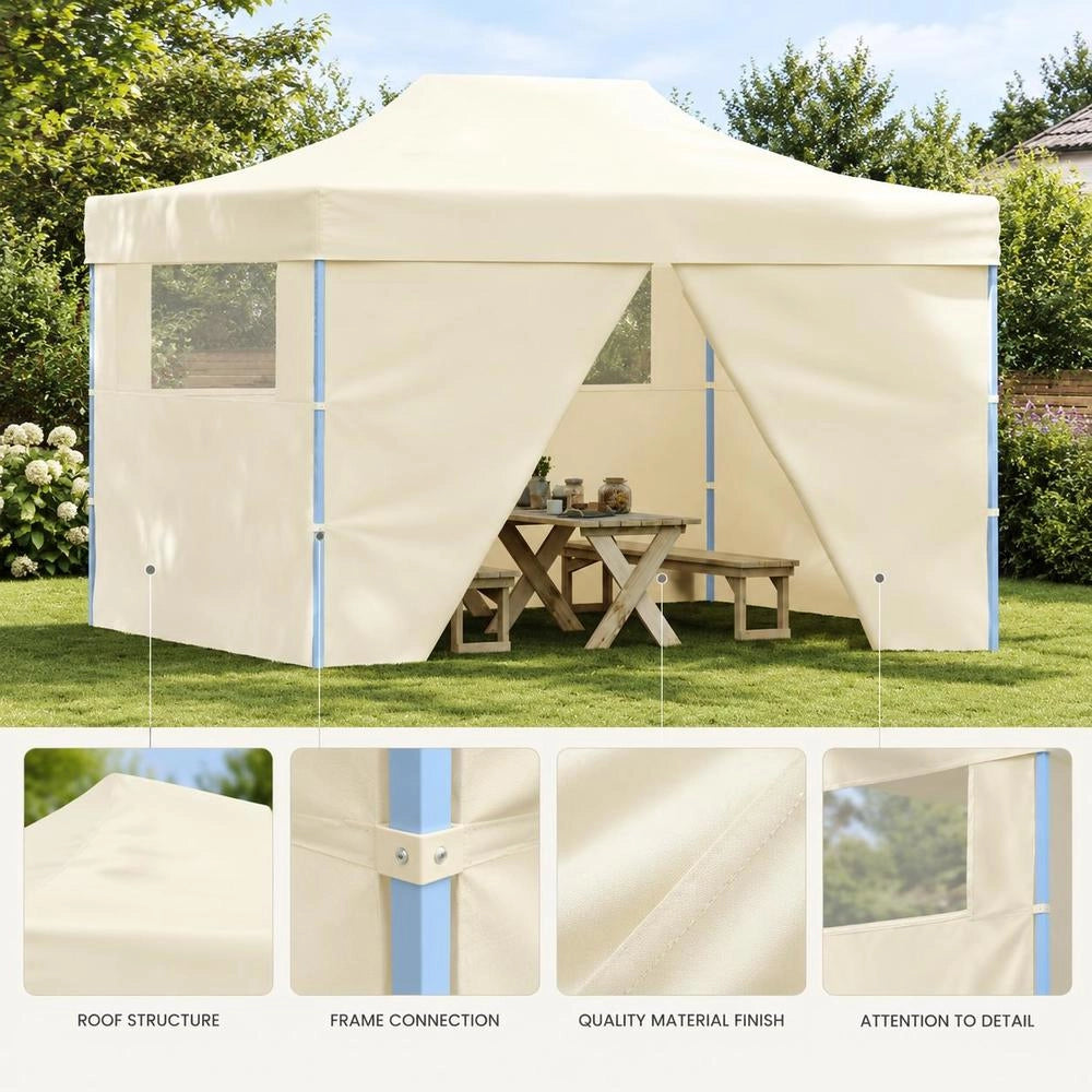 Pop-up Folding Tent With 4 Side Panels, 3 X 4.5 M, Cream White