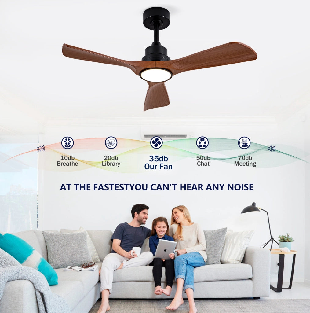 Ventilatore da soffitto ULEVR con luce LED integrata, motore DC reversibile e pale in ABS, nero e noce scuro