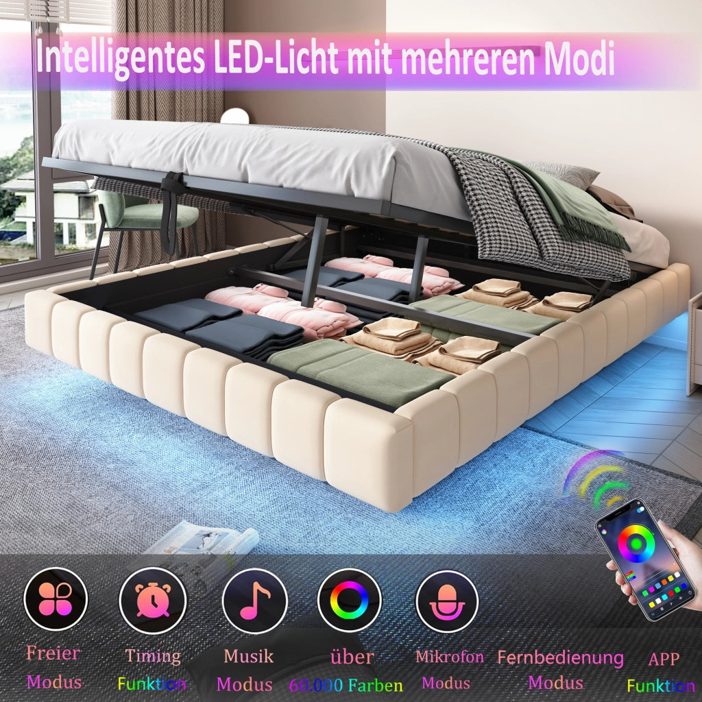 Letto Matrimoniale Imbottito 160x200 cm in Lino con Contenitore Idraulico; LED; Testiera; Beige