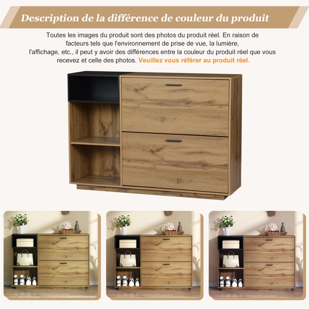 Scarpiera per ingresso con 3 vani aperti e 2 scomparti a ribalta in MDF naturale e nero 120 ¡Á 32 ¡Á 84.5 cm