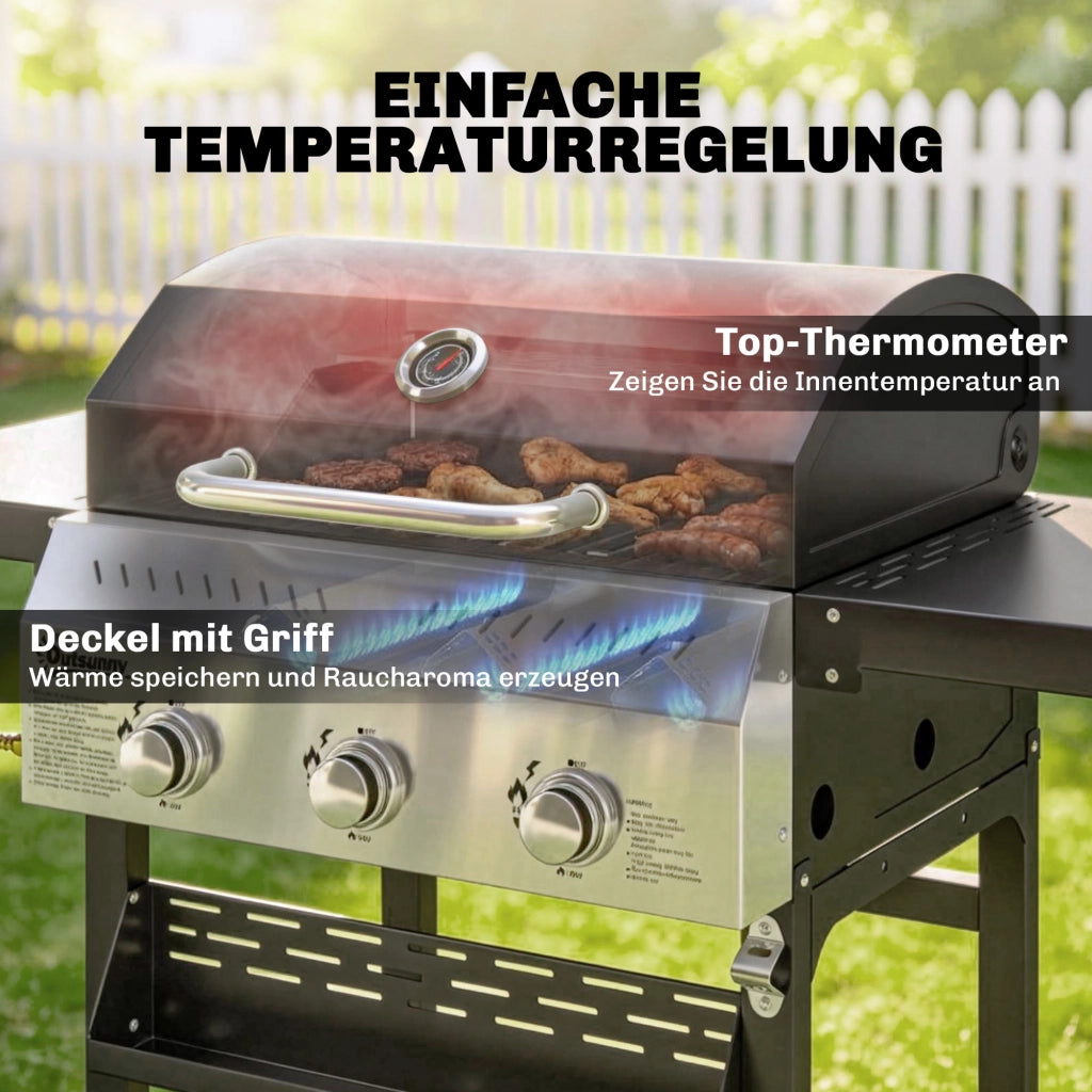 Barbecue a Gas 3 Fuochi 9 KW ¨C Xylo ¨C Acciaio Inox con Ripiano Laterale Pieghevole e Ganci