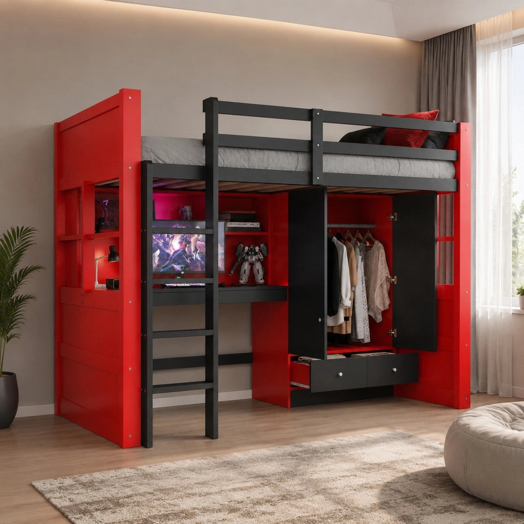 Letto a soppalco 90 x 200 cm in legno con scala; LED; prese; armadio; cassetti e scrivania; nero e rosso
