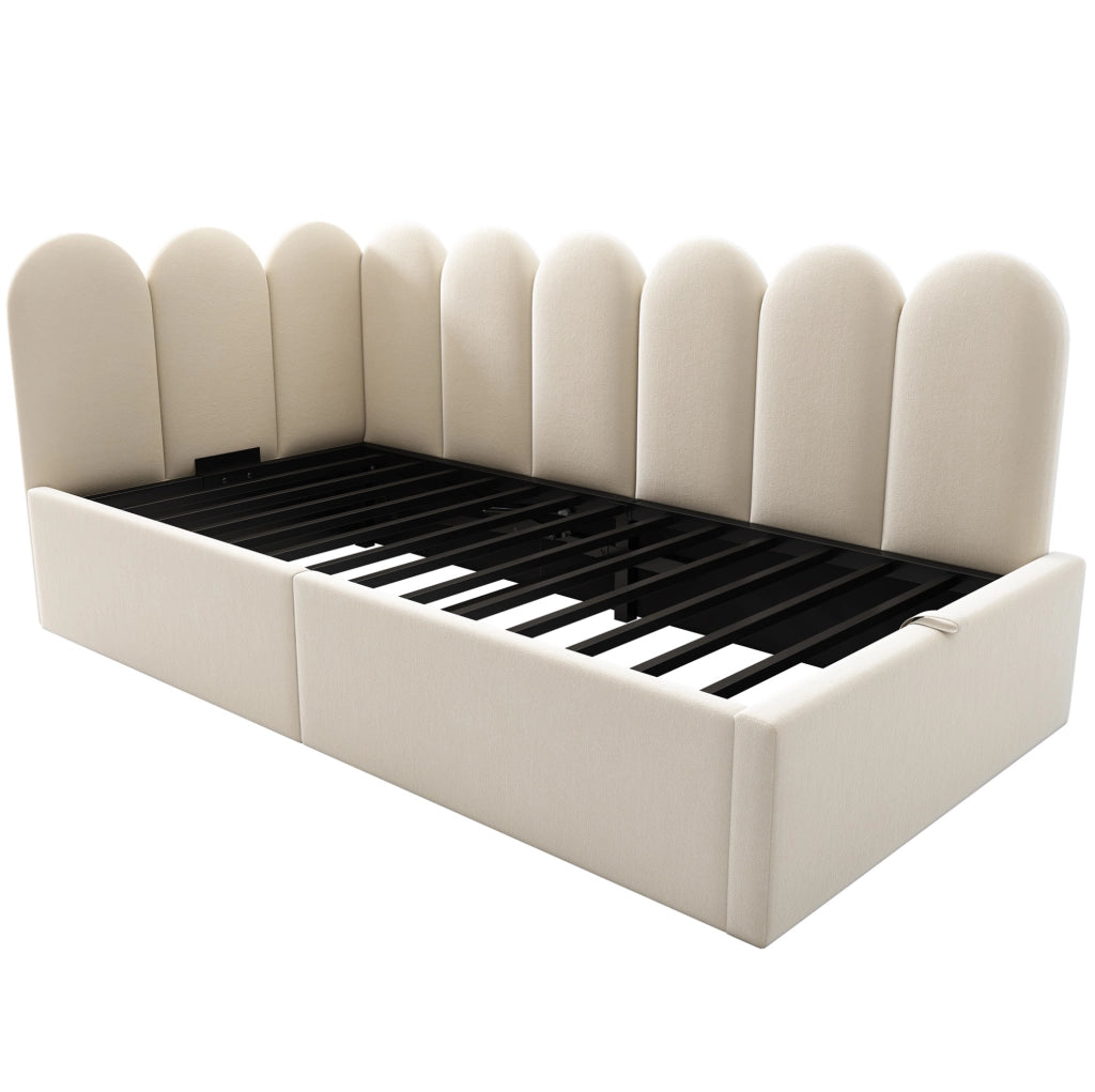 Letto da giorno 90x200 cm in velluto beige con contenitore idraulico e rete a doghe in ferro