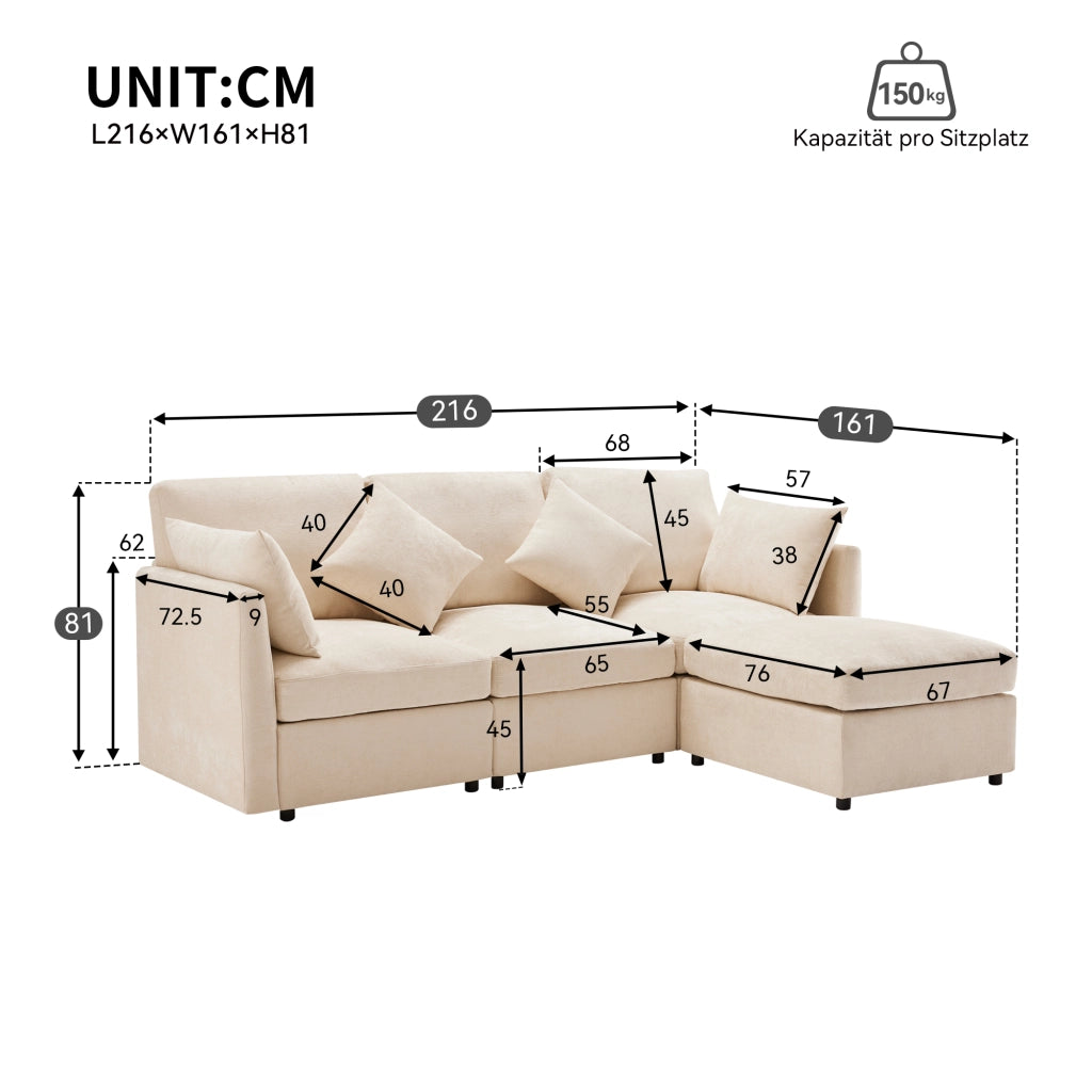 Divano angolare modulare 3 posti con pouf mobile e 4 cuscini, seduta profonda ergonomica in chenille beige