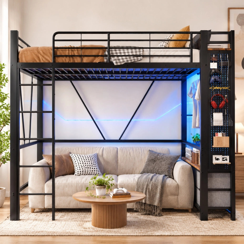 Letto a soppalco 90 × 200 cm con 4 cassetti ripiani barra appendiabiti LED prese USB Type-C metallo nero