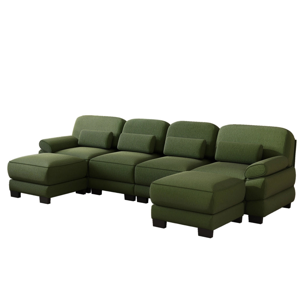 Divano modulare configurabile a U con pouf e cuscino lombare in velluto a coste verde