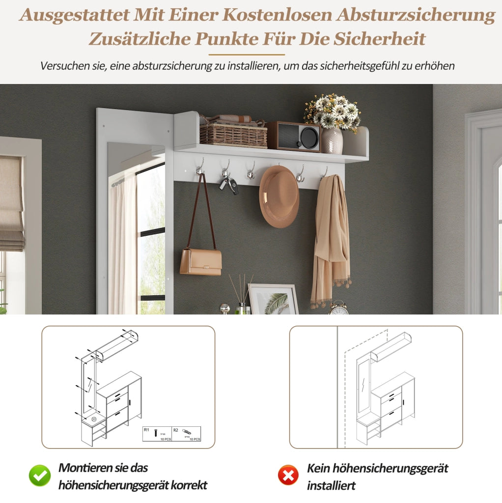 Mobile guardaroba da ingresso con scarpiera; specchio e panca; 140 ¡Á 30 ¡Á 200 cm; MDF bianco