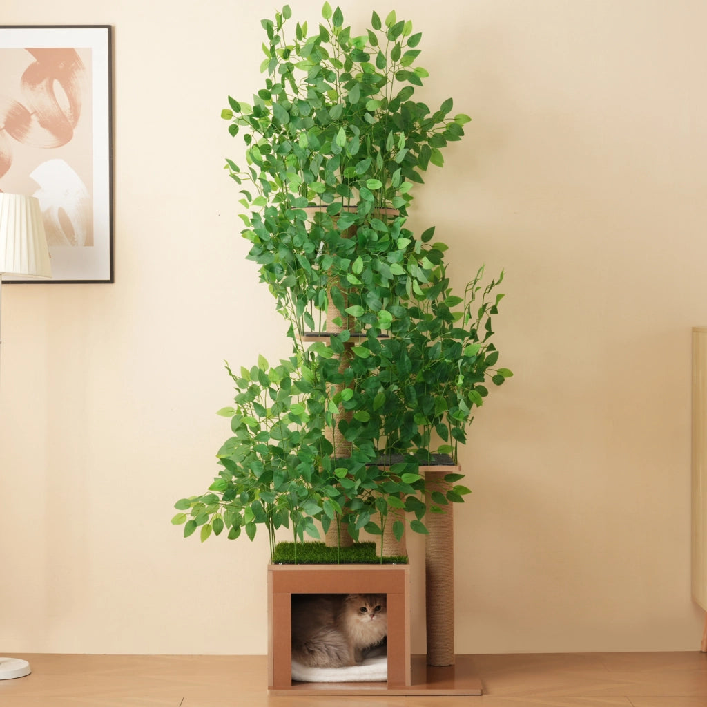 Tiragraffi ad albero 60x45x190 cm con 4 piattaforme e cuccia in MDF verde