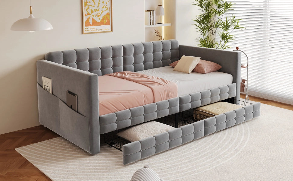 Letto singolo imbottito 90 ¡Á 190 cm con testiera tasche laterali due cassetti rete a doghe velluto grigio