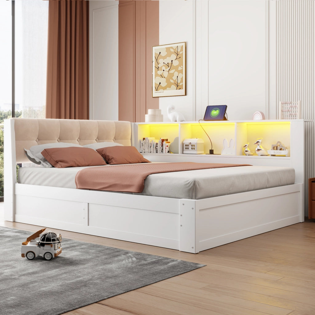 Letto da giorno 140 × 200 cm con contenitore idraulico in legno bianco LED USB e scaffale laterale