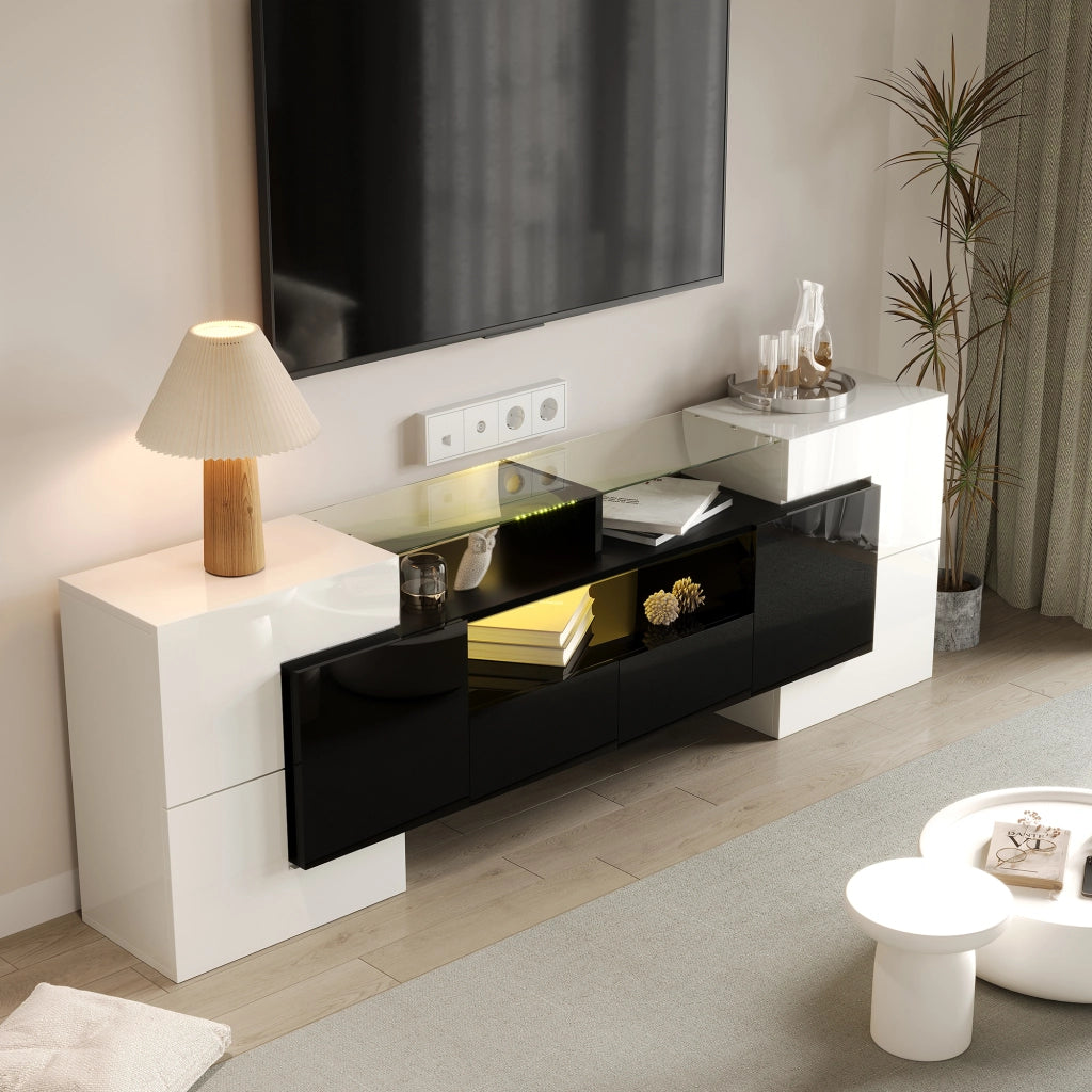Mobile TV moderno 200x35x60 cm con LED multicolore; 6 ante e 2 cassetti bianco e nero
