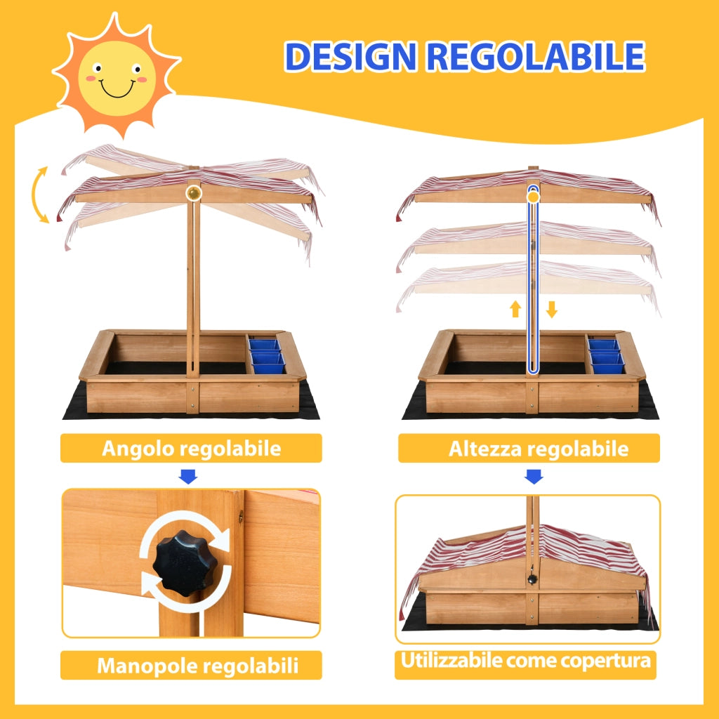 Casetta Sabbiera Bambini in Legno con Tettuccio Regolabile ¨C Minimal ¨C 107.5x107.5x100 cm