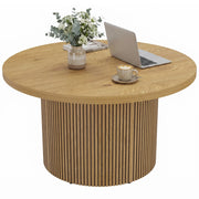 Tavolino da salotto rotondo effetto legno naturale con base scanalata, tavolo basso moderno e robusto per soggiorno