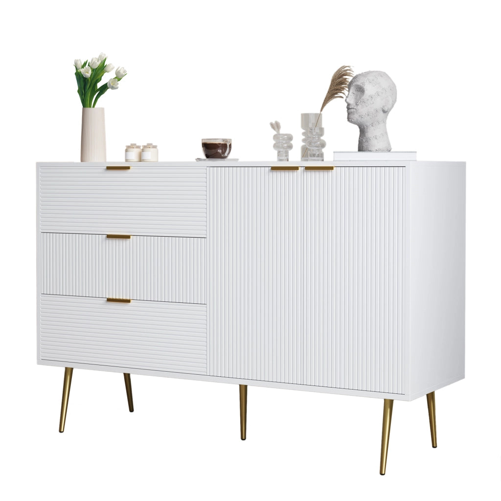 Credenza e madia con 2 ante, 3 cassetti e ripiani interni, stile moderno, in MDF, bianco e oro, 120 × 38 × 80.5 cm