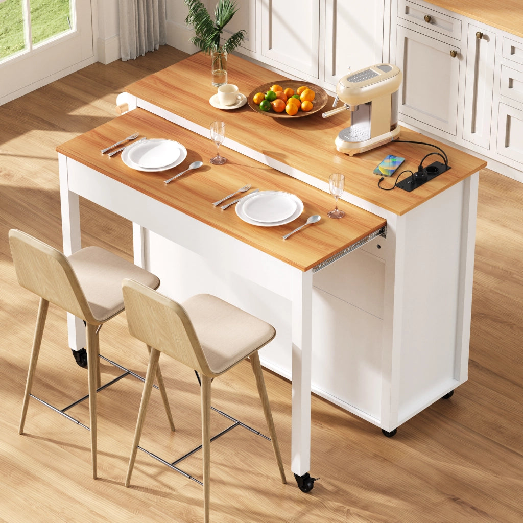 Mobile base da cucina su ruote con piano estraibile prese e vano rifiuti MDF bianco 120 × 40-75 × 92 cm