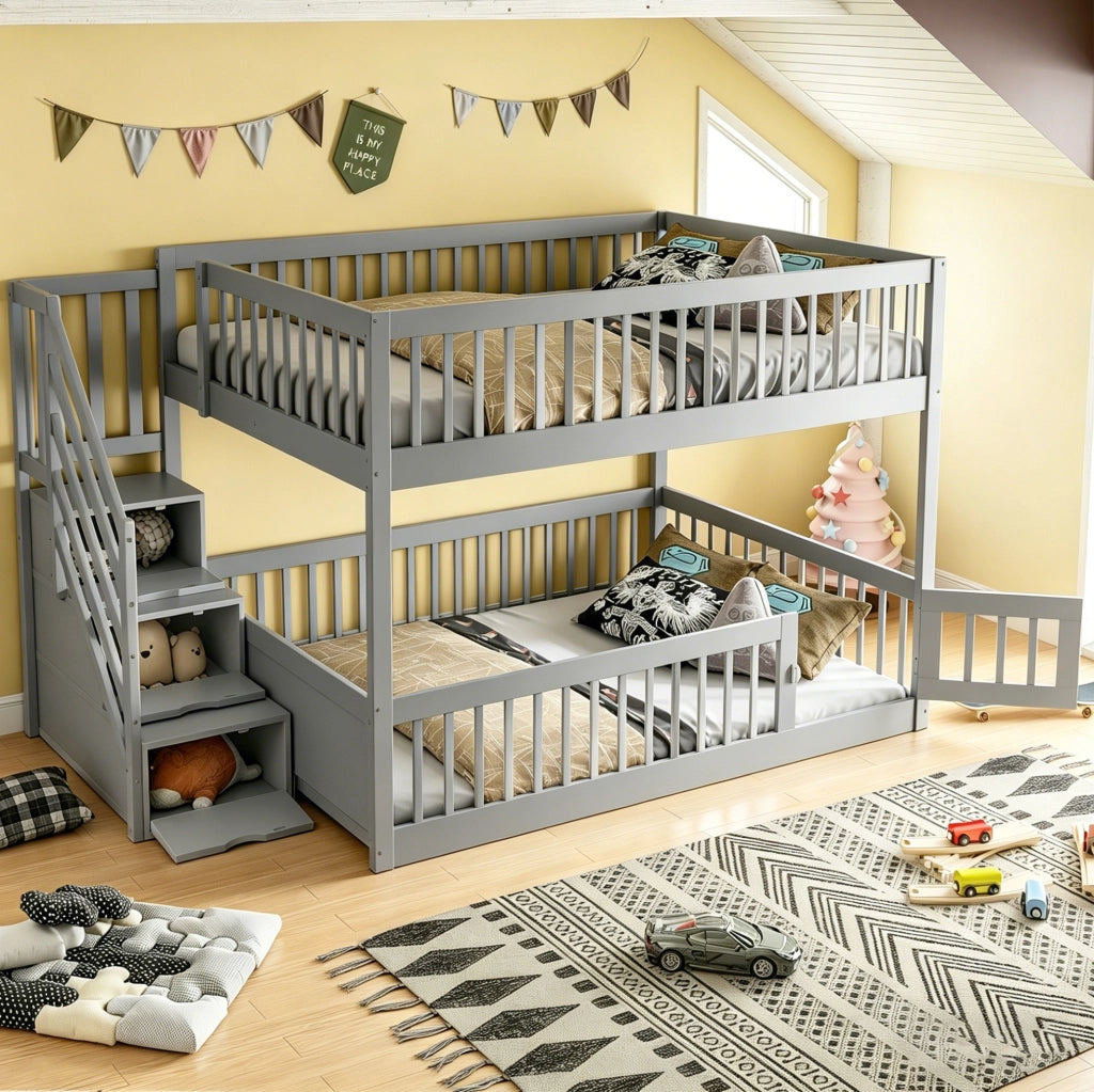 Letto a castello 140x200 cm grigio in legno con scala contenitore e porta apribile