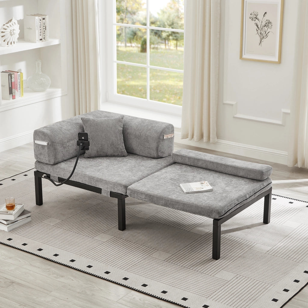 Divano letto estraibile singolo pieghevole con struttura in legno rivestito in velluto grigio chiaro