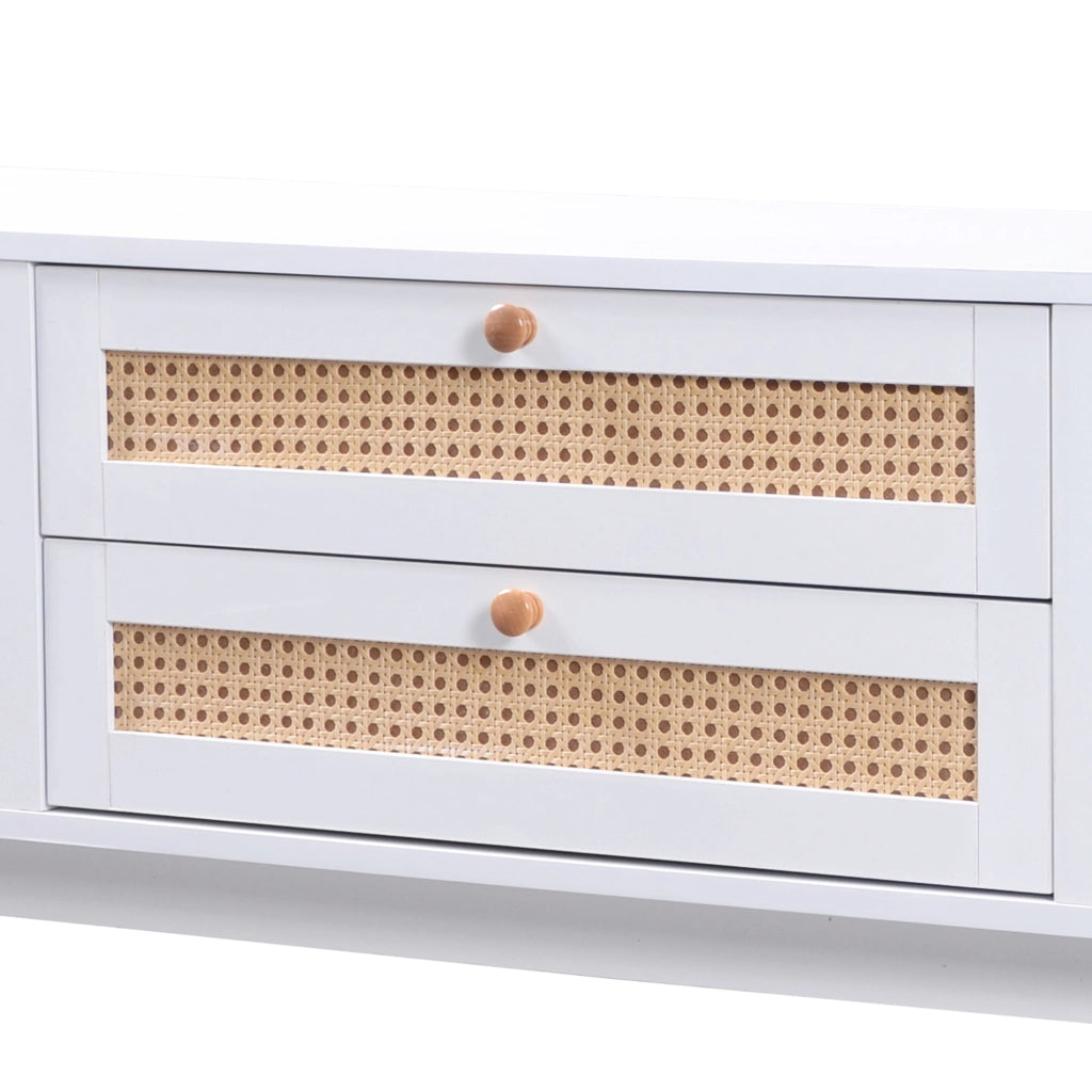 Mobile porta televisore bianco e legno con ante e cassetti intrecciati, ampio e resistente