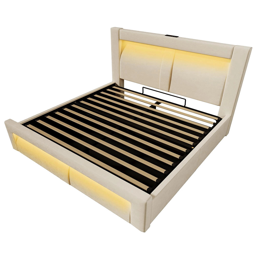 Letto matrimoniale-Xylo-160x200cm idraulico LED USB-C velluto beige