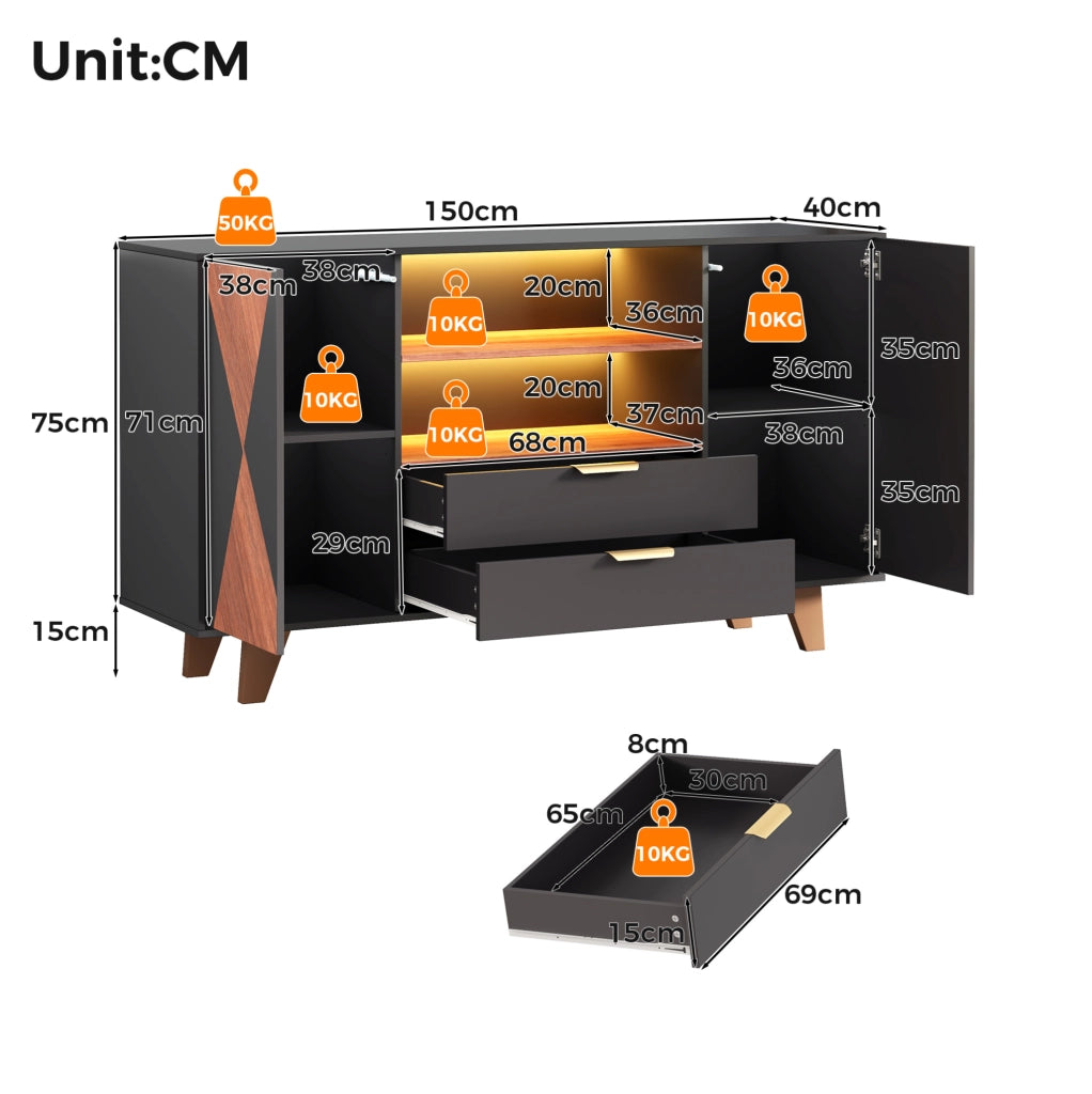 Credenza da cucina 150x40x90 cm con LED RGB; 2 cassetti e ripiani regolabili in MDF; naturale e nero