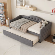 Letto singolo con letto estraibile 90 × 200 cm in lino e mdf grigio con rete a doghe e 12 listelli