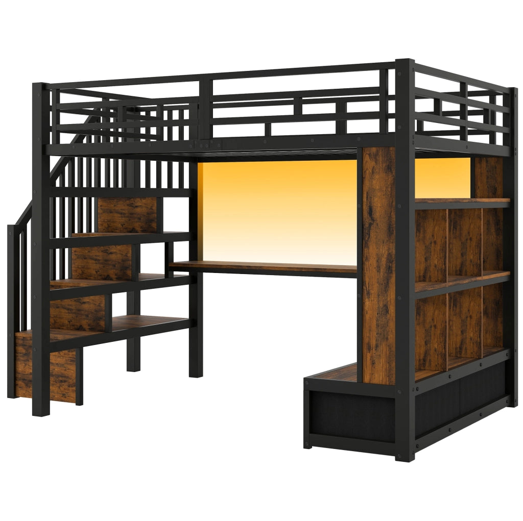 Letto a soppalco ULEVR 140x200 cm con scrivania, libreria, 2 cassetti, scala contenitore e LED, nero