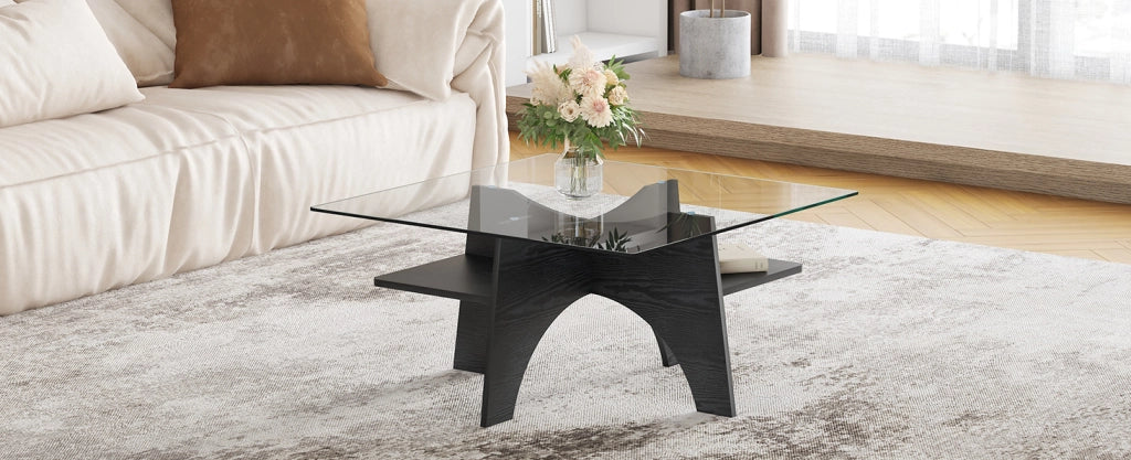 Tavolino quadrato moderno in vetro temperato con struttura in MDF effetto legno nero 80x40 cm