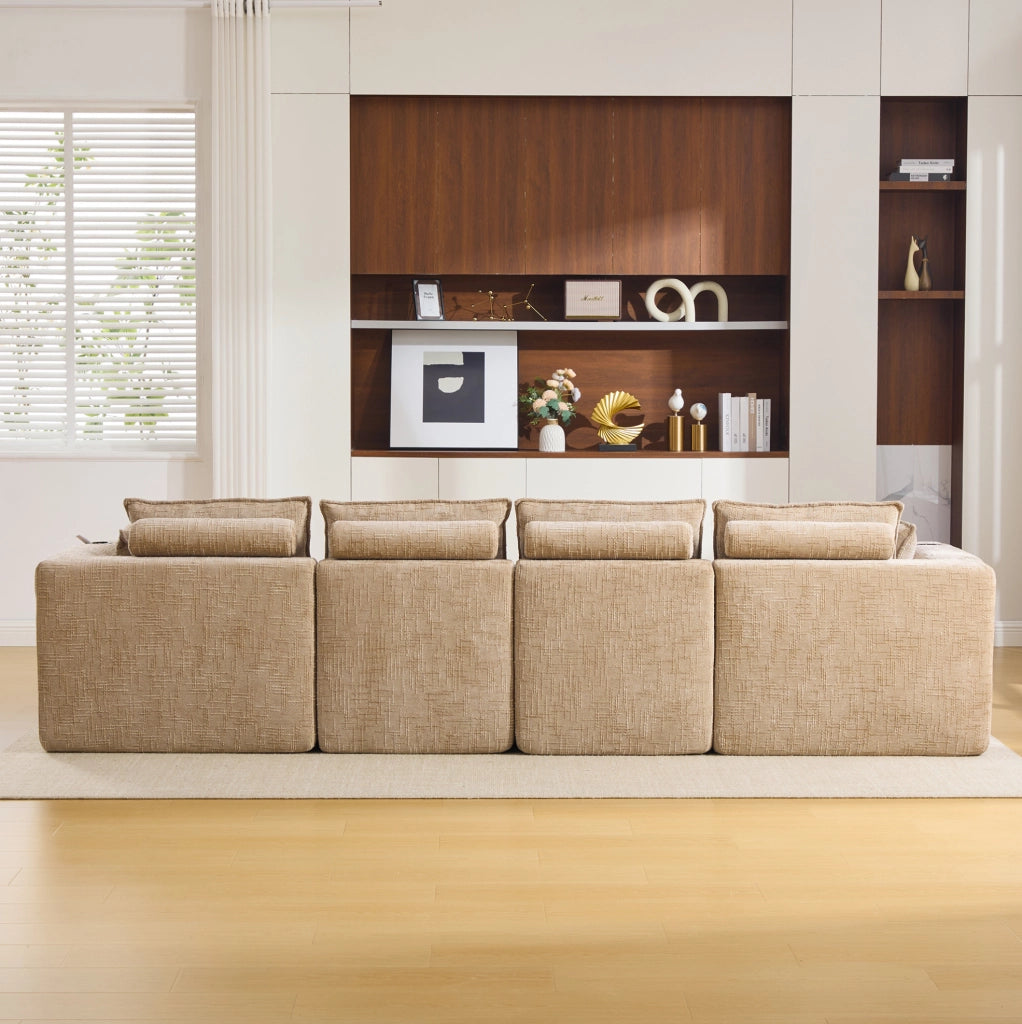 Divano modulare a 4 posti con 2 pouf, tessuto chenille kaki, cuscini, portabicchieri e tasche laterali