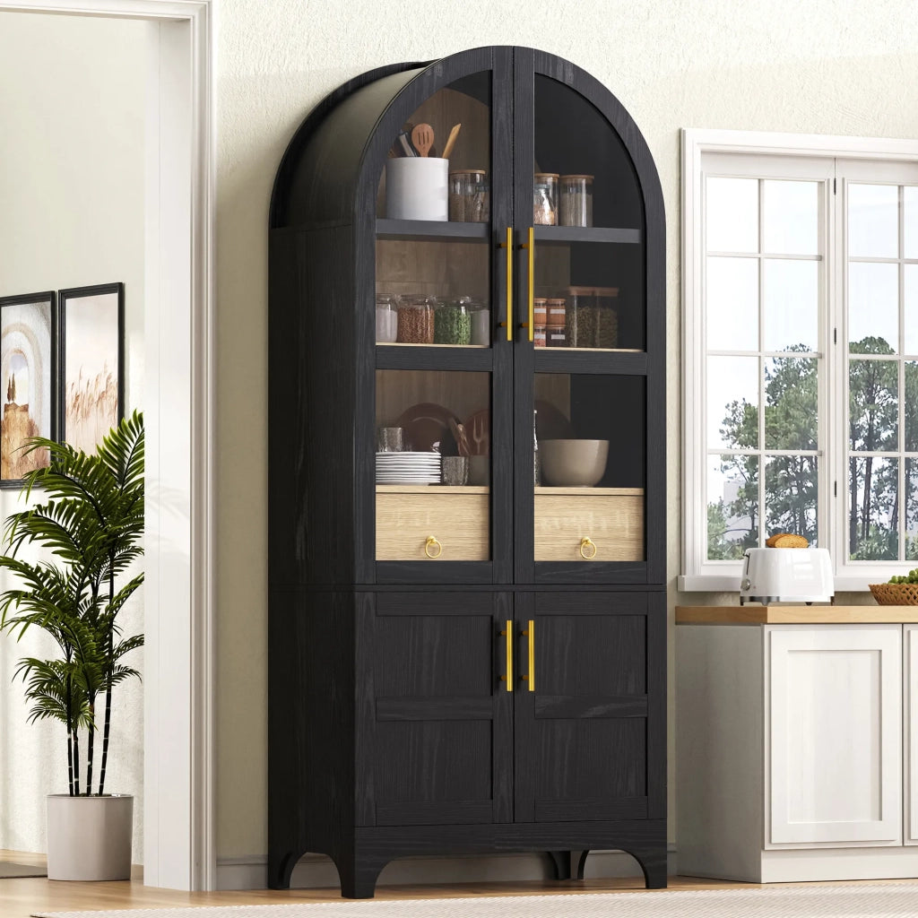 Highboard nero con ripiani regolabili, cassetto e ante in vetro rigato, ampio spazio contenitore per cucina, sala da pranzo e soggiorno
