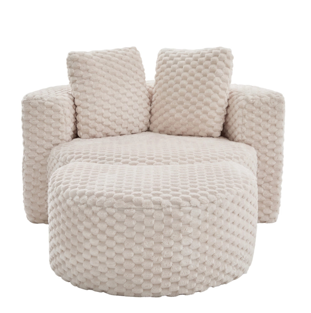 Poltrona compatta con pouf, design avvolgente e rivestimento in tessuto