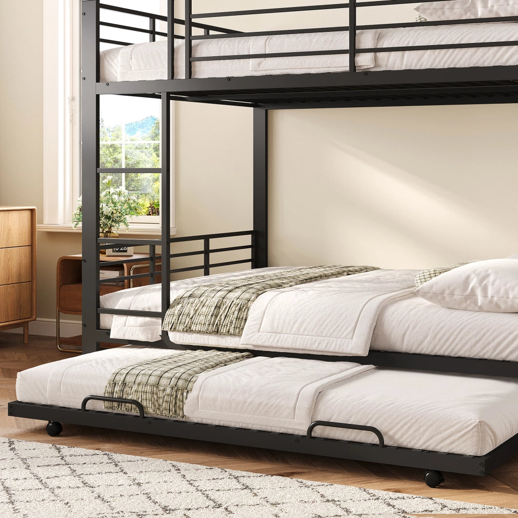 Letto a castello 140×200 cm 3 posti con letto estraibile e barriere di sicurezza, senza materasso, in metallo, nero