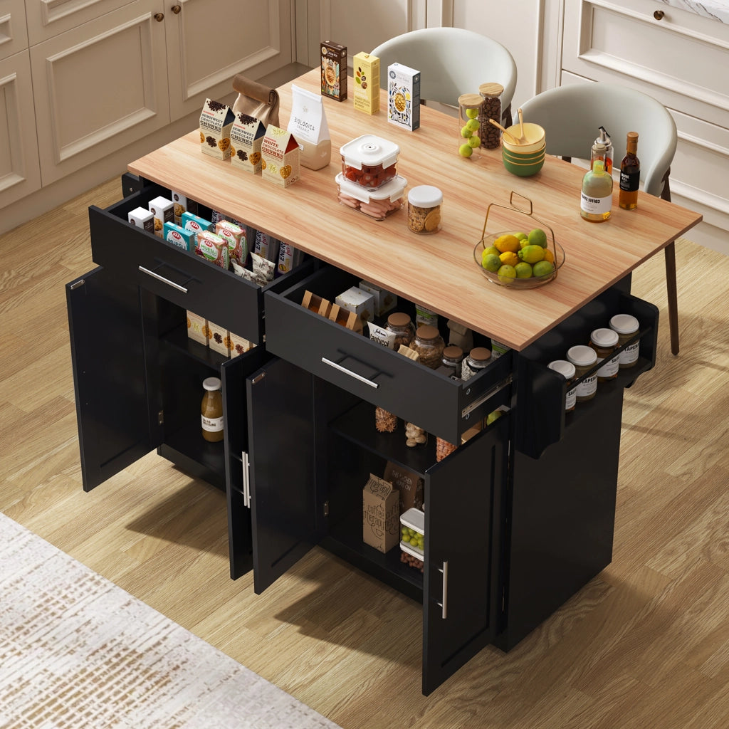 Carrello da cucina con piano pieghevole, 4 ante e 2 cassetti, ruote, per cucina e sala da pranzo, 120 × 46 × 91.5 cm