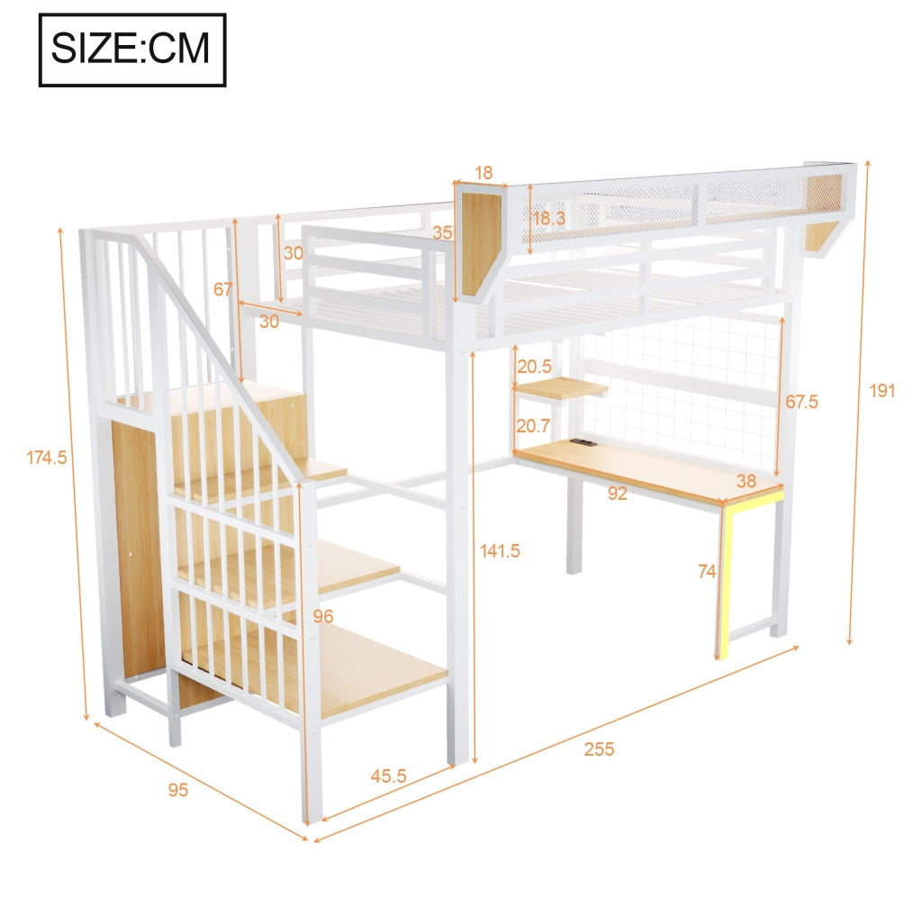 Letto a soppalco in metallo 90x200 cm con scrivania; scaffali; LED e prese; bianco