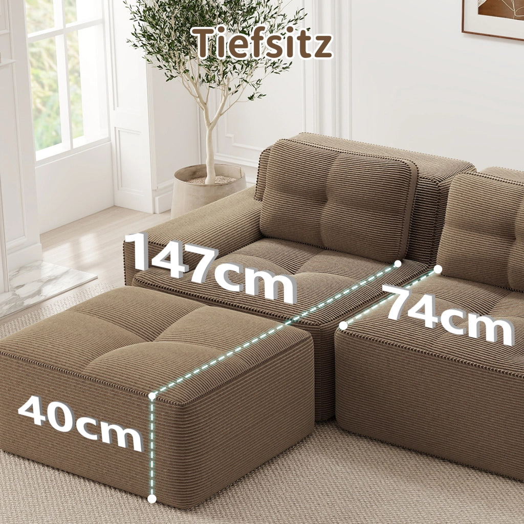 Divano modulare senza struttura in velluto a coste marrone con seduta profonda 74 cm base antiscivolo e braccioli larghi