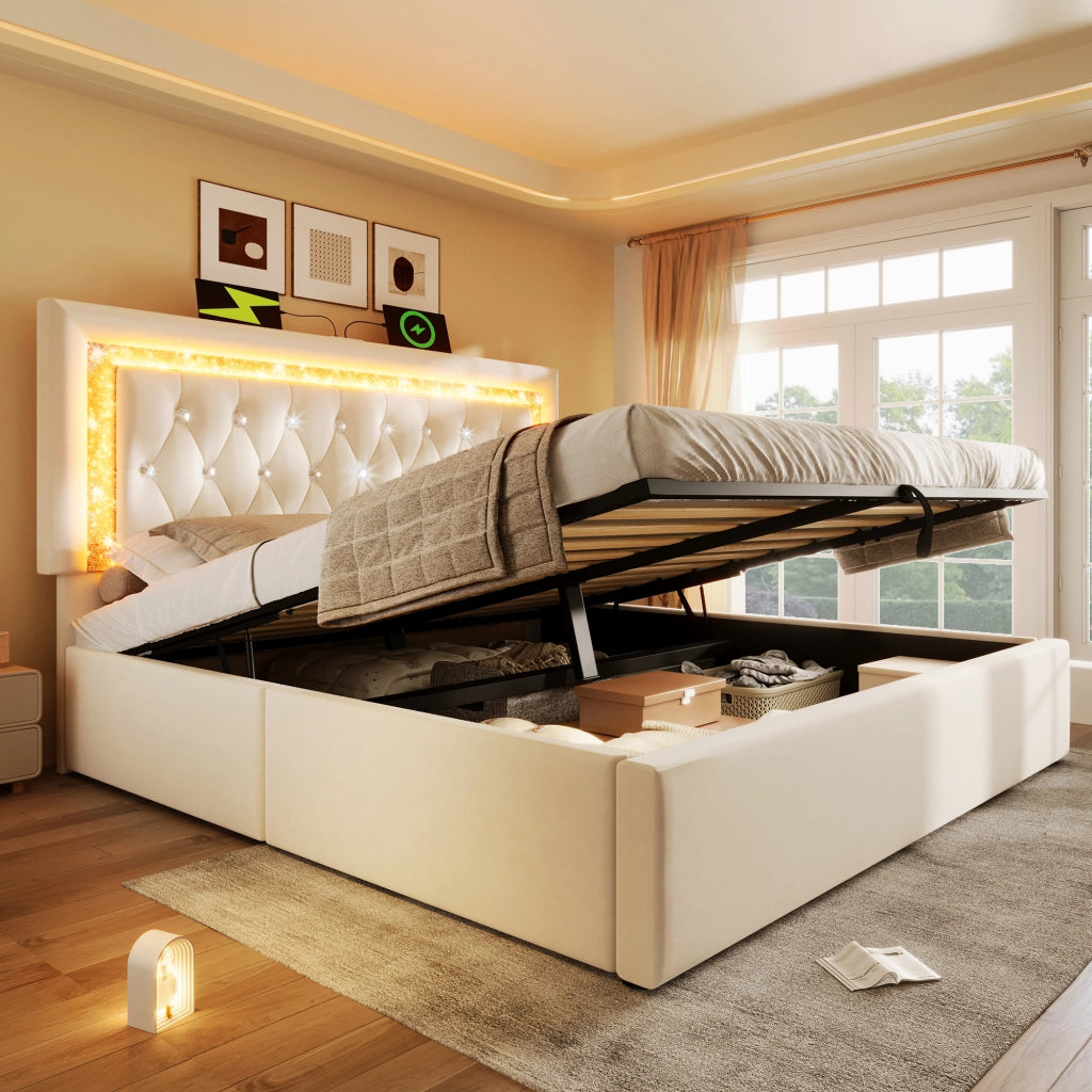 Letto matrimoniale 160×200 cm con vano idraulico, LED regolabile, USB e tipo C, senza materasso, velluto beige