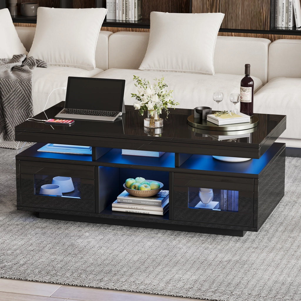 Tavolino da salotto nero lucido 100 x 50 x 43 cm in truciolato con luci LED e contenitore