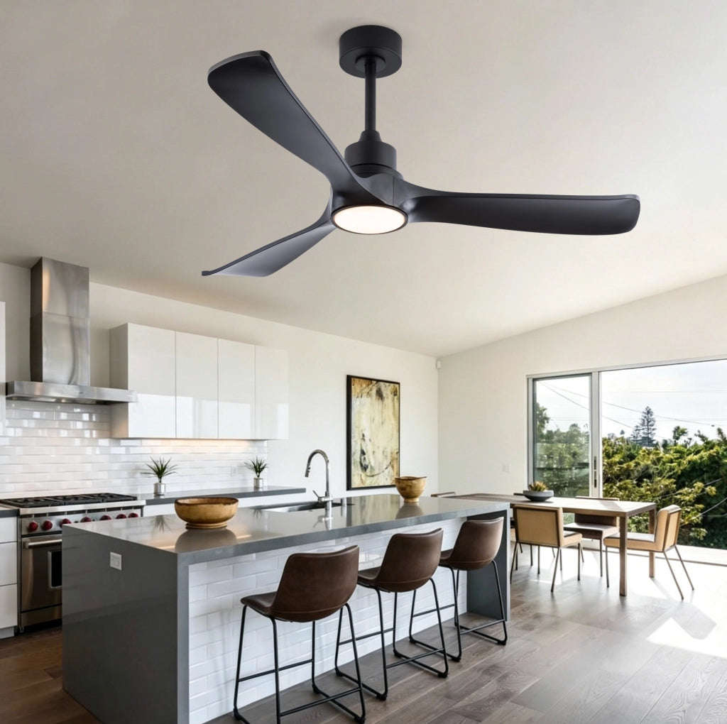 Ventilatore da soffitto con luce 52" nero, 3 pale, motore DC reversibile, telecomando