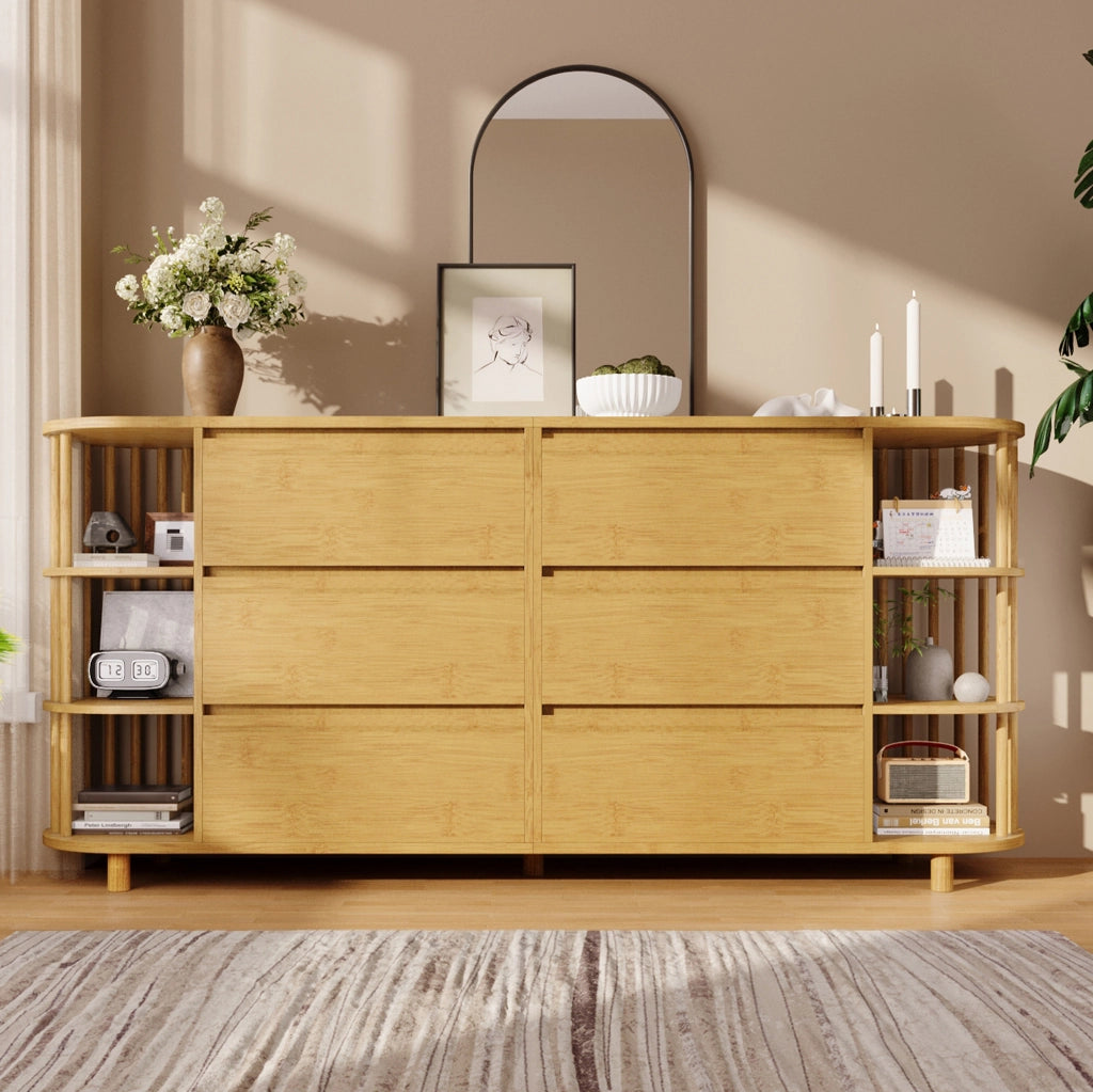 Credenza 160x40x75 cm in MDF e bambù con 6 cassetti e ripiani aperti HOMVRA