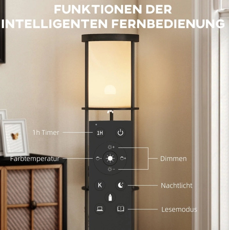 Lampada da Terra con 3 Ripiani, Design Rotondo, Telecomando, Interruttore a Pedale, Luce Regolabile, Colore Nero